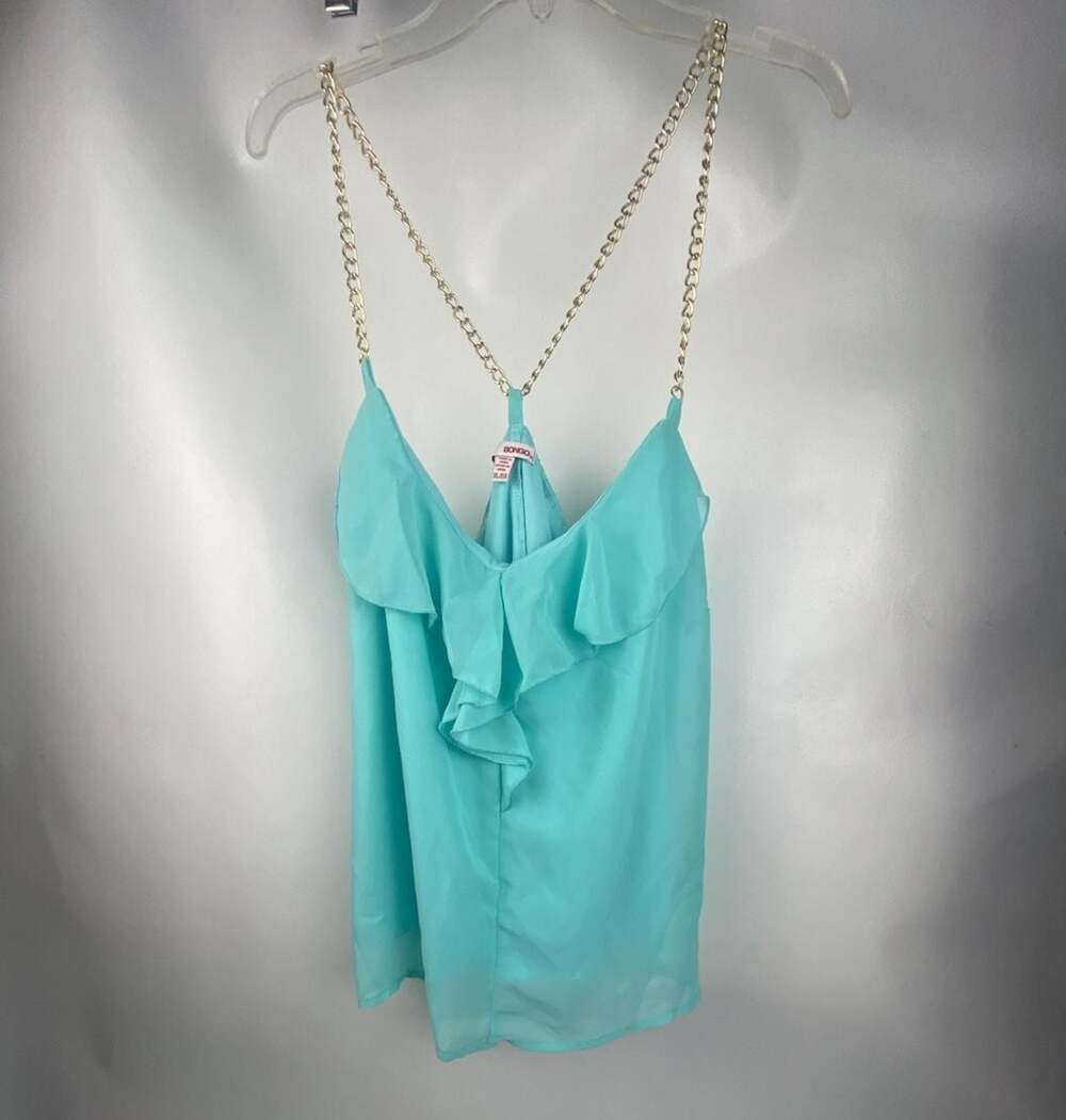 Bongo Turquoise Sheer Ruffle Tank Top with Gold Chain Straps New